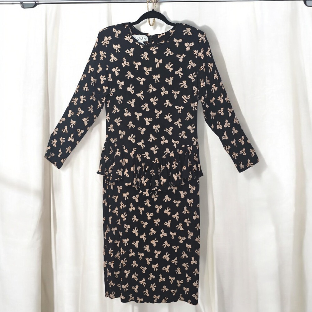 Depeche Mode Vintage Peplum Dress Long Sleeve Woman 14 Black Tan Bow Print 1980s